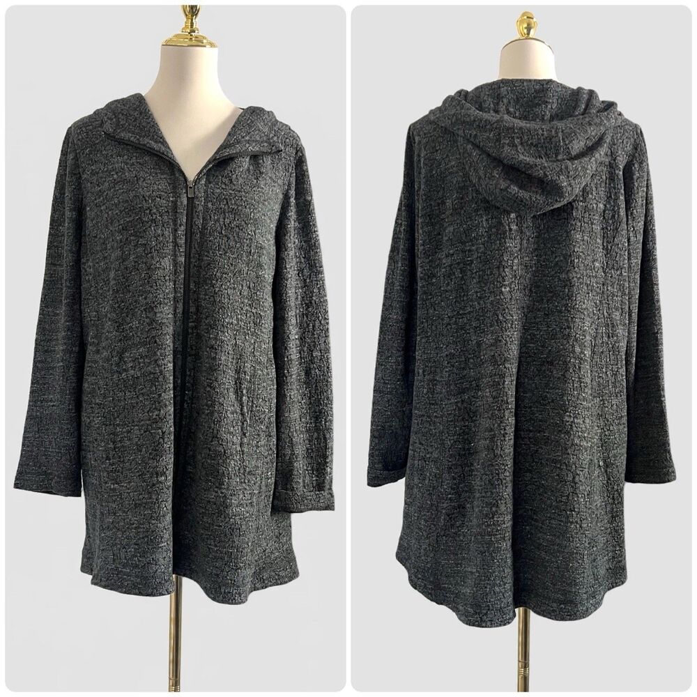 Eileen Fisher Dark Gray Terrazzo Textured Full-Zip Hoodie Sweater Womens sz XL